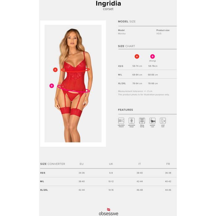 Комплект корсет та стрінги Obsessive Ingridia corset & thong XS/S, червоний