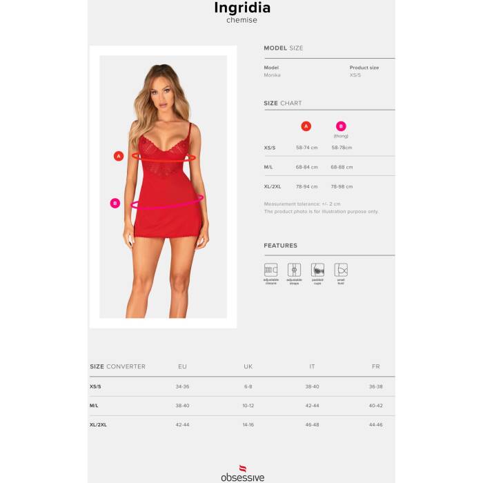 Пеньюар Obsessive Ingridia chemise & thong XS/S, червоний, сорочка, стрінги