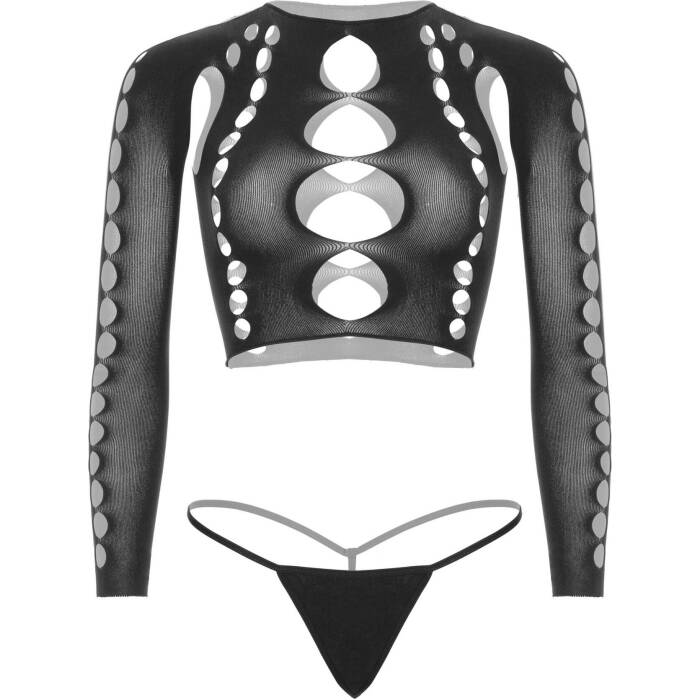 Комплект безшовної білизни Leg Avenue Long sleeve crop top & string Black, One Size, топ, стрінги