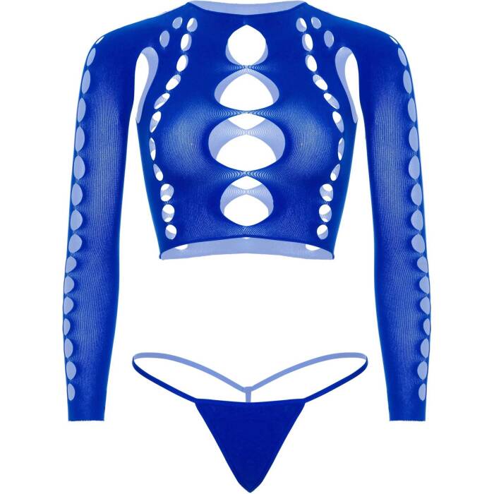 Комплект Leg Avenue Long sleeve crop top & string Royal Blue One Size, топ, стрінги