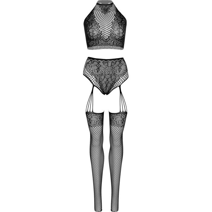 Еротичний комплект Leg Avenue Crop top and garter panty Black, топ, трусики з доступом, панчохи