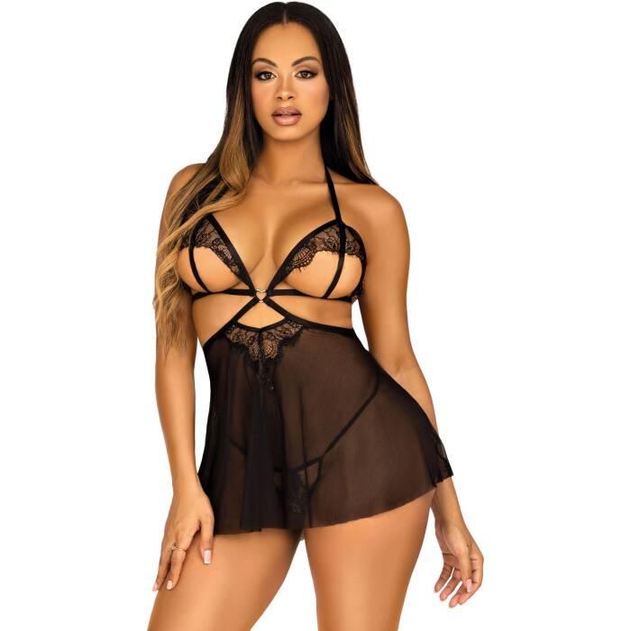 Сорочка бебі-дол з відкритими чашками Leg Avenue Lace and mesh babydoll & panty Black S, стрінги