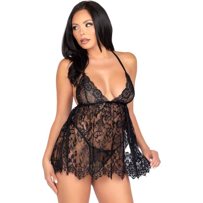 Сорочка бебі-дол Leg Avenue Floral lace babydoll & string Black S, стрінги