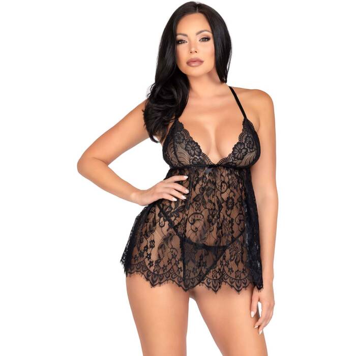 Сорочка бебі-дол Leg Avenue Floral lace babydoll & string Black S, стрінги