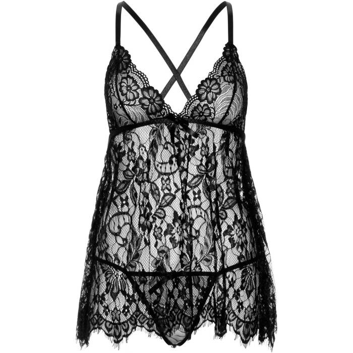 Сорочка бебі-дол Leg Avenue Floral lace babydoll & string Black S, стрінги