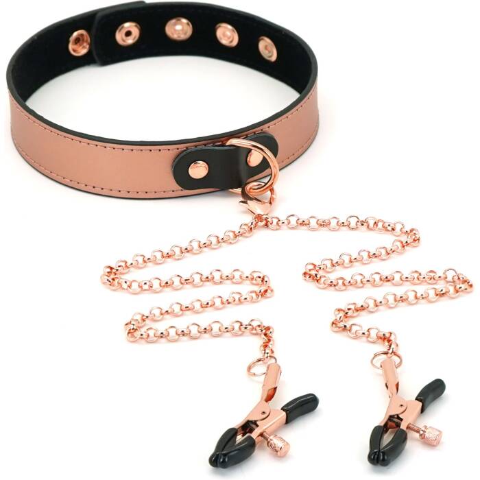 Нашийник із затискачами для сосків Liebe Seele Rose Gold Memory Collar with Nipple Clamps, шкіра