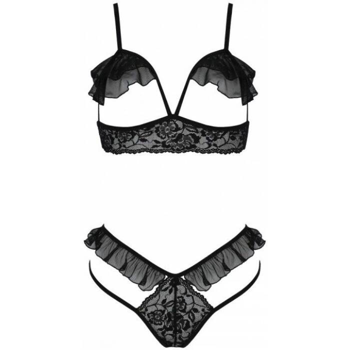 Еротичний комплект Passion DOLLY SET, L/XL, black, з відкритими чашками