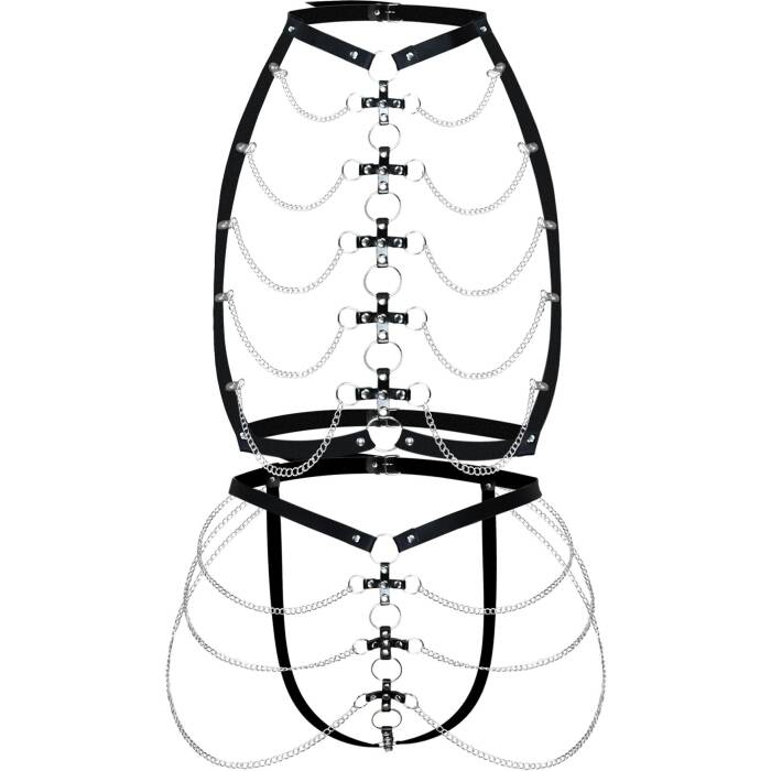 Набір портупея + трусики зі шкіри з ланцюжками Art of Sex - Cross, розмір XS-M, колір чорний