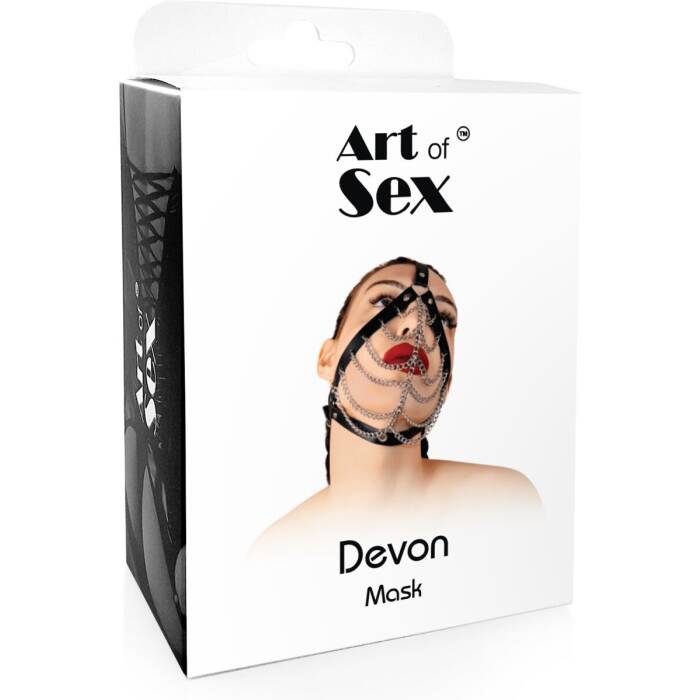 Маска з ланцюгами Art of Sex - Devon, натуральна шкіра, колір чорний