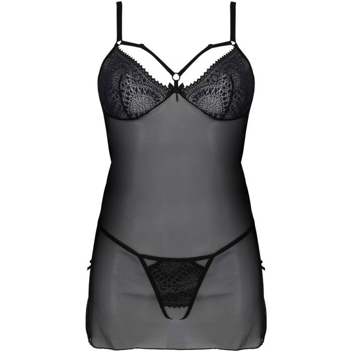 Пеньюар Passion DROSERA CHEMISE black, L/XL, мереживний ліф зі стрепами, трусики в комплекті