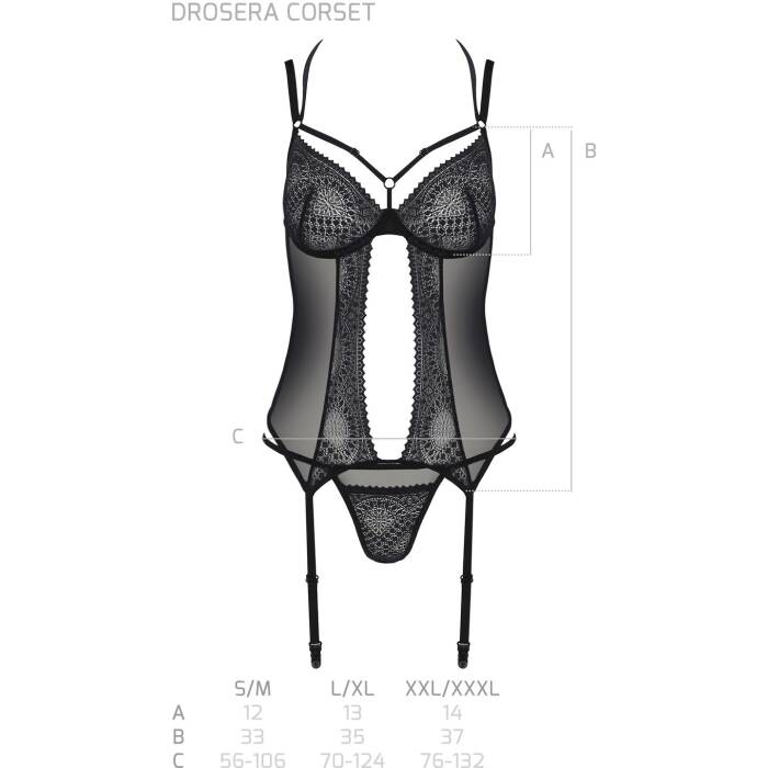 Корсет Passion DROSERA CORSET black, S/M, з кріпленнями для панчіх, трусики в комплекті