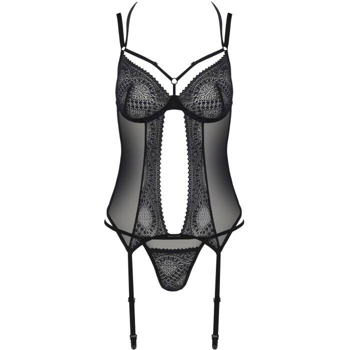 Корсет Passion DROSERA CORSET black, S/M, з кріпленнями для панчіх, трусики в комплекті