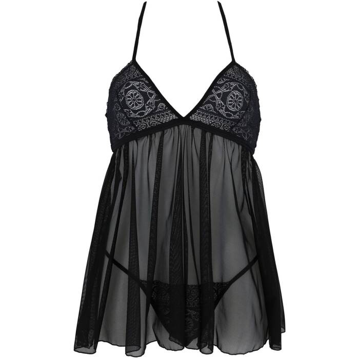 Пеньюар Passion KERRIA CHEMISE black, L/XL, мереживний верх, трусики в комплекті