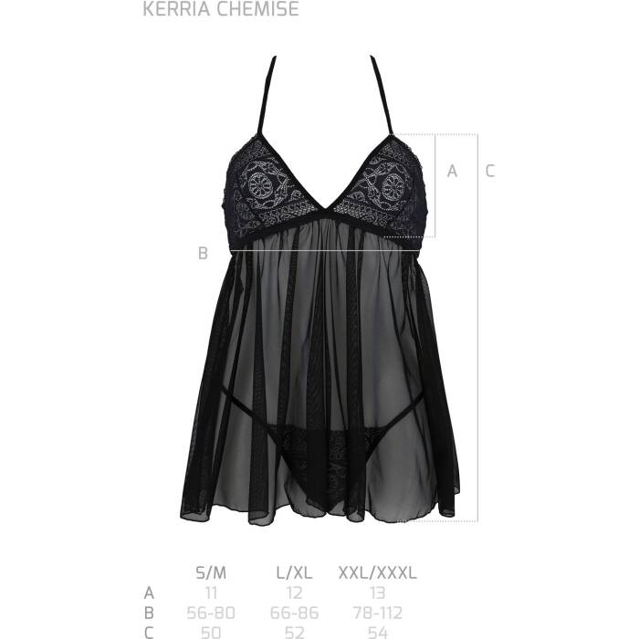 Пеньюар Passion KERRIA CHEMISE black, L/XL, мереживний верх, трусики в комплекті