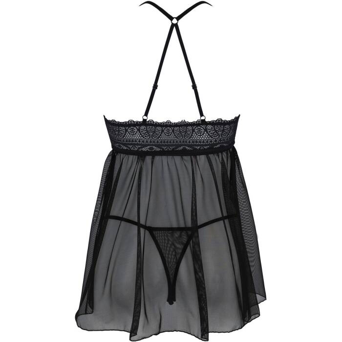 Пеньюар Passion KERRIA CHEMISE black, S/M, мереживний верх, трусики в комплекті
