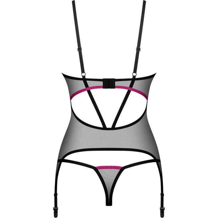 Корсет Obsessive Novenes corset & thong, M/L, прозорий, відкрита спина, стрінги в комплекті