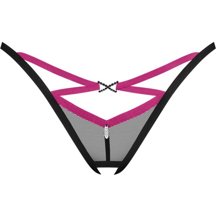 Трусики-стрінги Obsessive Novenes crotchless thong, XS/S, сітка, стрепи, прикраса зі стразами, відкр