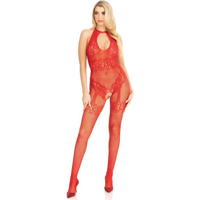 Бодістокінг Leg Avenue Rhinestone Lace and Net Bodystocking Red One Size