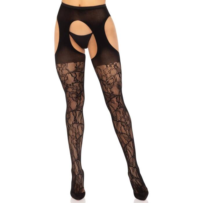 Панчохи Leg Avenue Eyelet lace suspender hose Black One Size