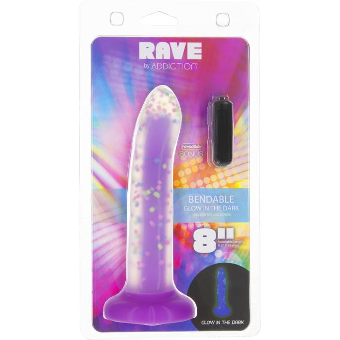 Фалоімітатор, що світиться в темряві, ADDICTION Rave 8″, Glow in the Dark Dildo Purple Confetti, 20,3 см