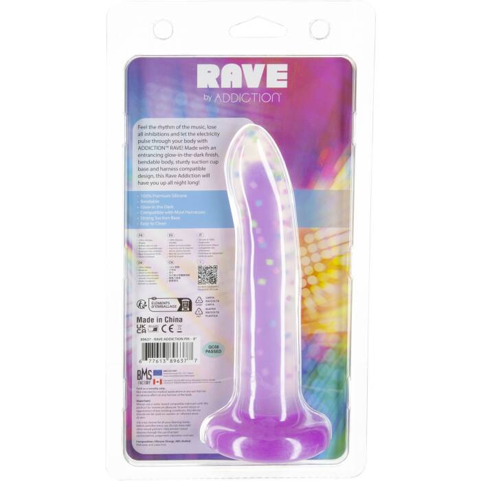 Фалоімітатор, що світиться в темряві, ADDICTION Rave 8″, Glow in the Dark Dildo Purple Confetti, 20,3 см